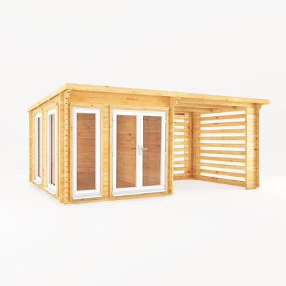 6M X 3M Studio Pent Log Cabin With Slatted Area - 44Mm (Upvc Windows & Door) - White