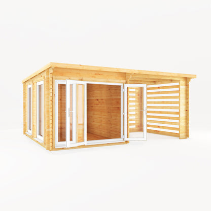 6M X 3M Studio Pent Log Cabin With Slatted Area - 44Mm (Upvc Windows & Door) - White