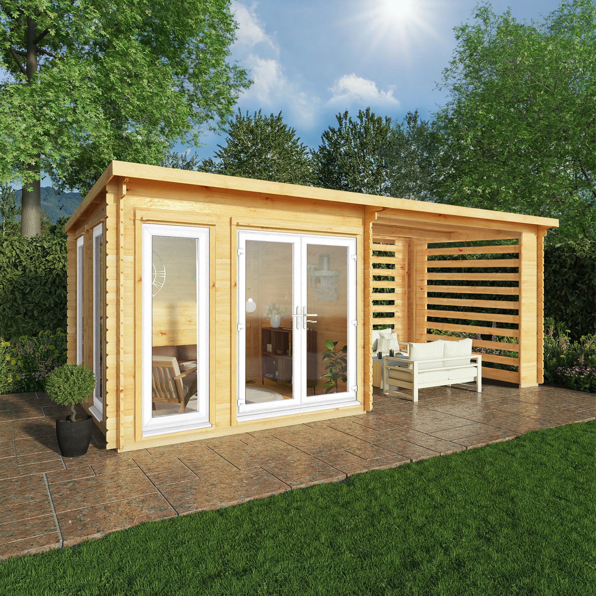 6M X 3M Studio Pent Log Cabin With Slatted Area - 44Mm (Upvc Windows & Door) - White