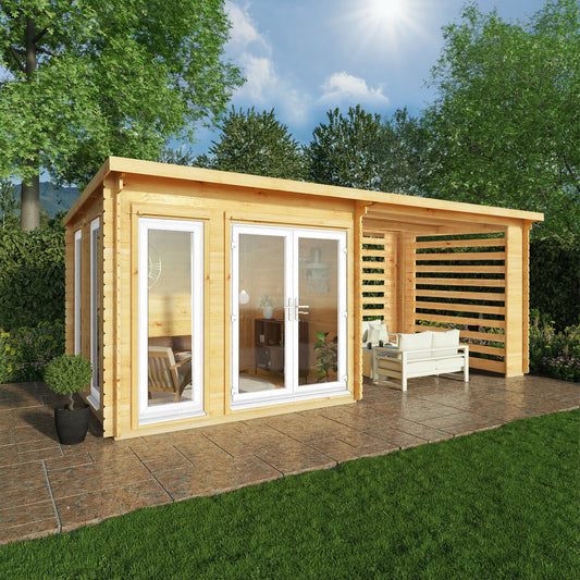 6M X 3M Studio Pent Log Cabin With Slatted Area - 44Mm (Upvc Windows & Door) - White