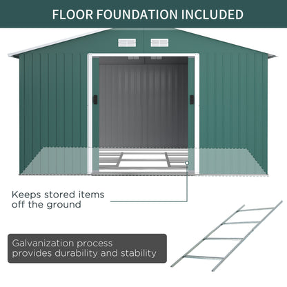 outsunny-13-x-11-ft-metal-garden-shed-large-patio-roofed-tool-storage-box-with-ventilation-and-sliding-door-deep-green