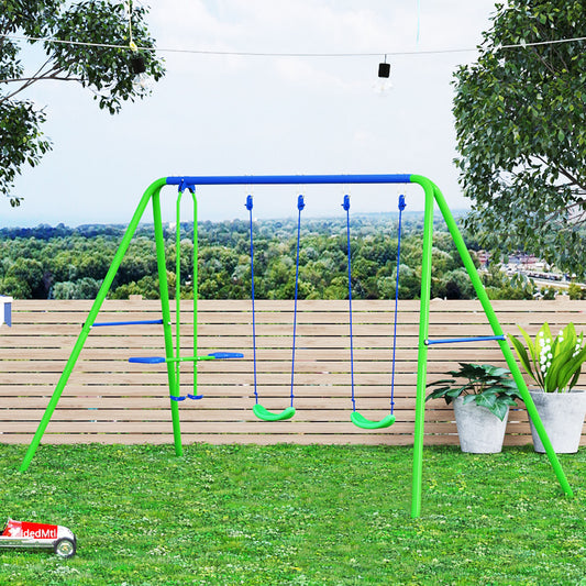 outsunny-metal-swings-seesaw-set-double-seats-with-a-height-adjustable-children-outdoor-backyard-play-set-for-toddlers-over-3-years-old-green