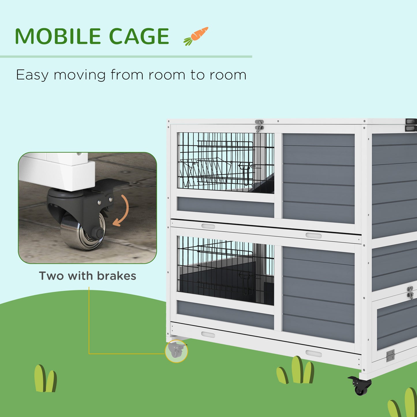 PawHut Double Deckers Guinea Pig Cage Rabbit Hutch Indoor with Feeding Trough, Trays, Ramps, Openable Top - Grey