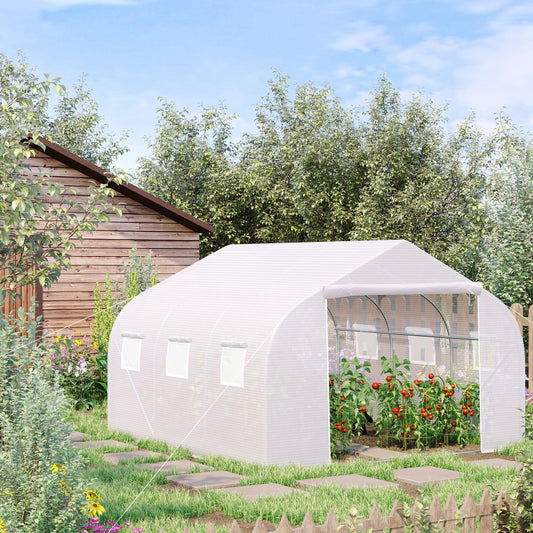 outsunny-4-5-x-3-x-2m-walk-in-greenhouse-polytunnel-greenhouse-garden-hot-house-with-steel-frame-roll-up-door-and-windows-white