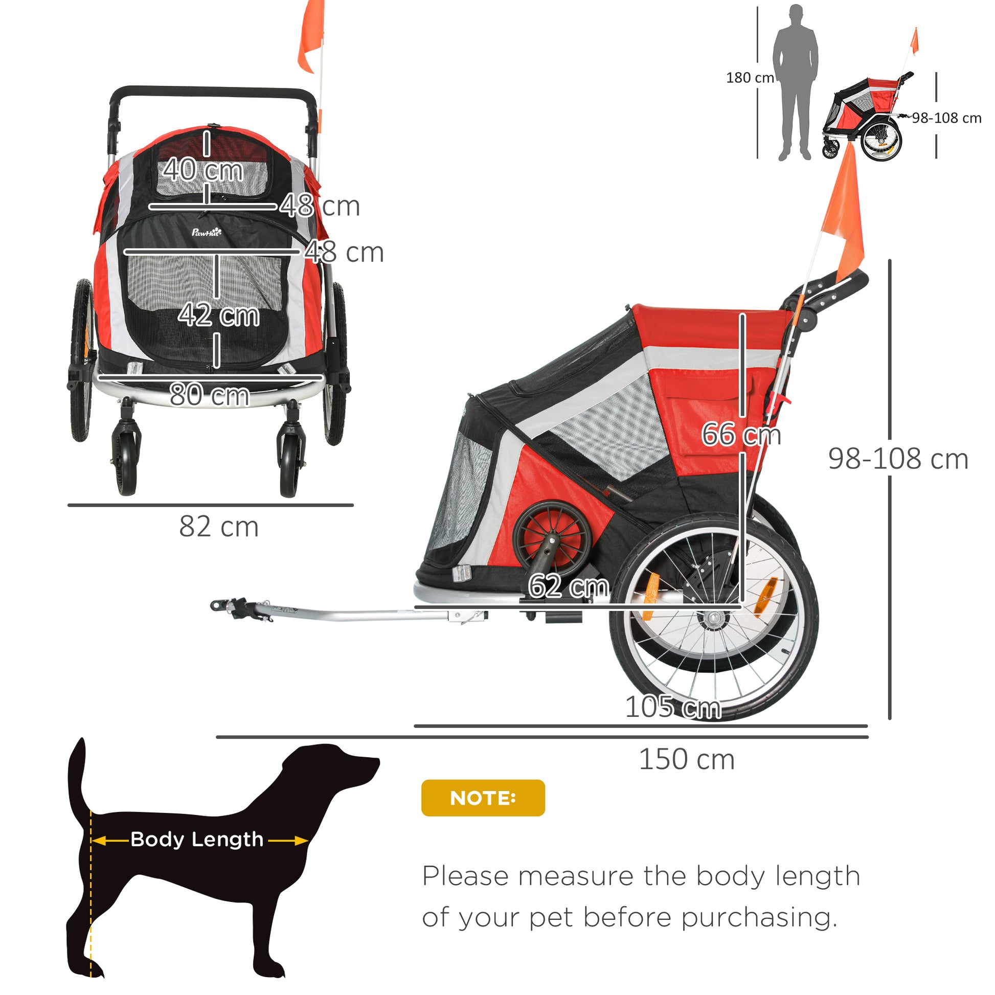 PawHut Dog Bike Trailer, Two-In-One Foldable Pet Bike Trailer w/ Safety Leash, Flag, for Small Cats, Puppies, Camping, Hiking - Red