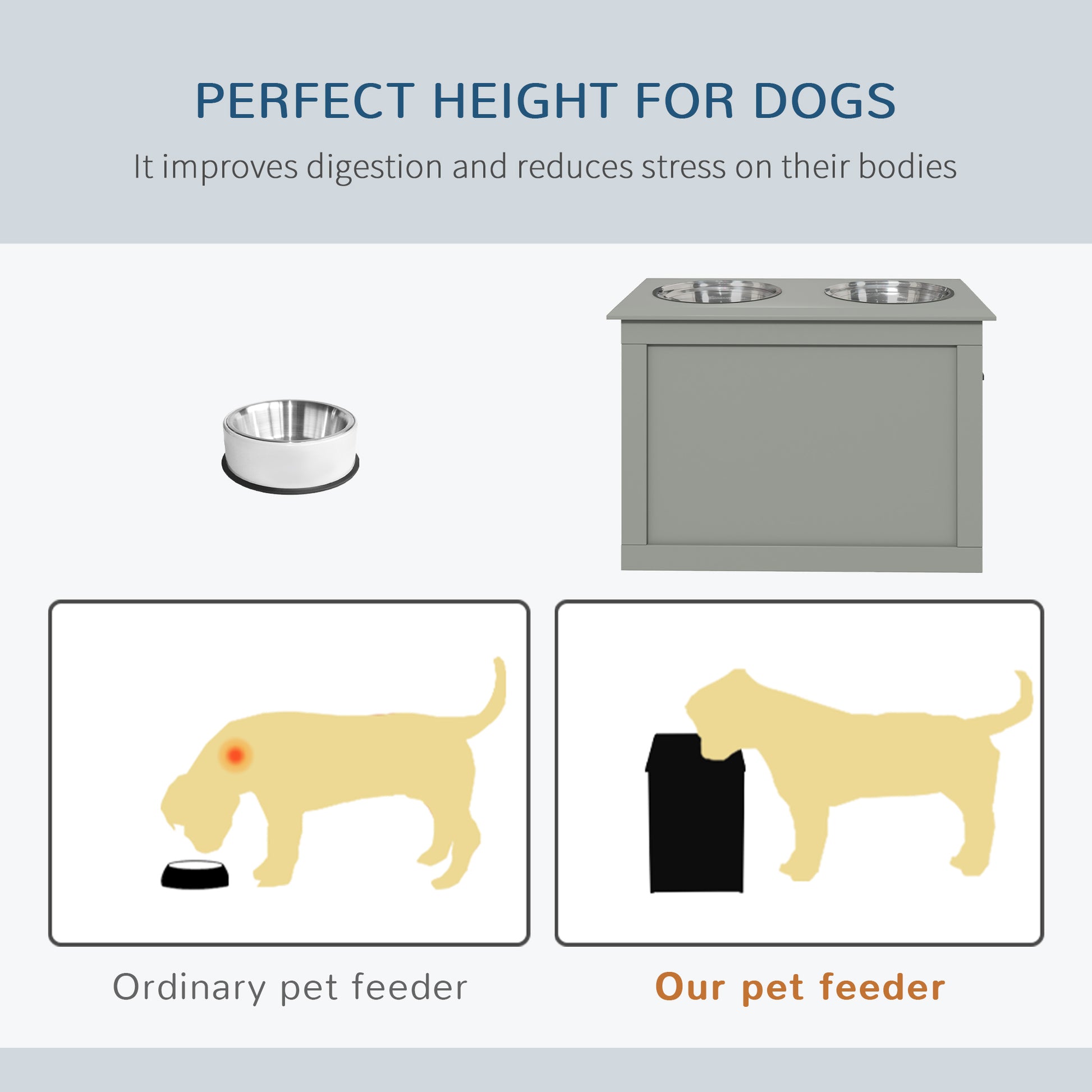 PawHut Raised Dog Bowls Pet Feeding Storage Station with 2 Stainless Steel Bowls Base for Large Dogs and Other Large Pets, Grey