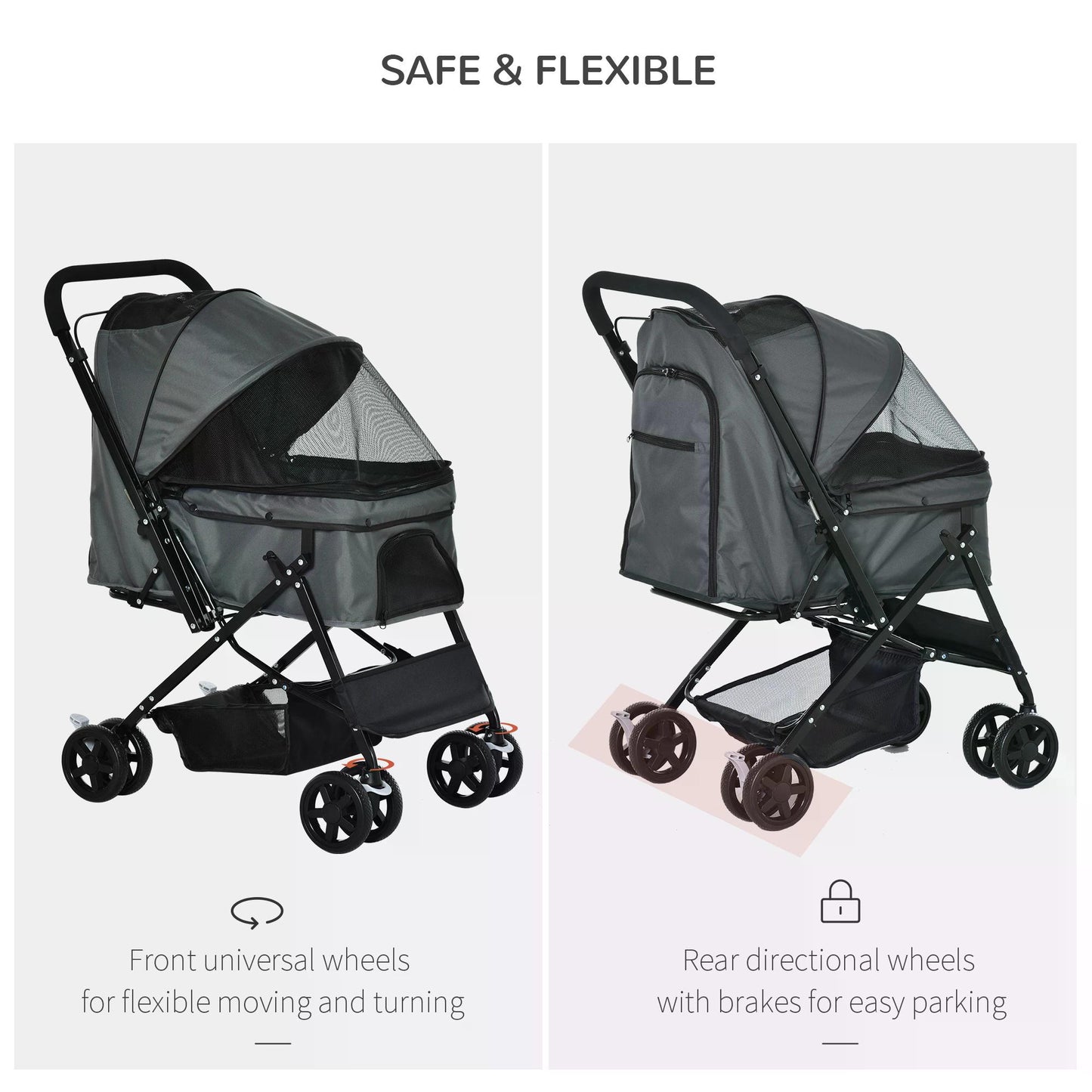 PawHut Pet Stroller Dog Pushchair Foldable Jogger with Reversible Handle EVA Wheel Brake Basket Adjustable Canopy Safety Leash Grey