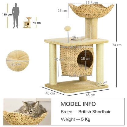 PawHut Cat Tree for Indoor Cats with Scratching Posts, Cat House, Bed, Toy Ball, Beige