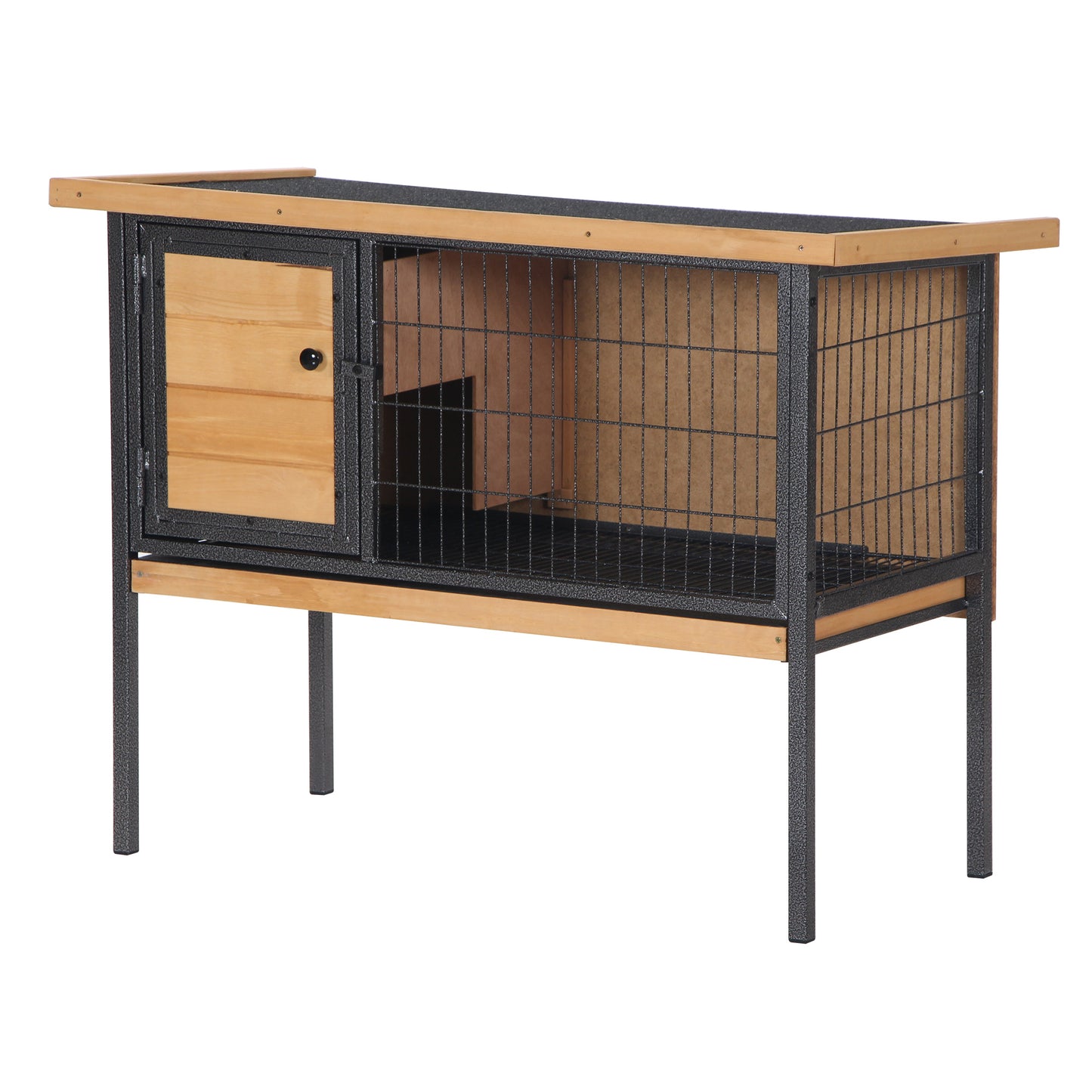 PawHut Wooden Guinea Pigs Hutches Elevated Pet House Bunny Cage with Slide-Out Tray Lockable Door Outdoor Openable Roof 91.5 x 45 x 70cm Natural Wood