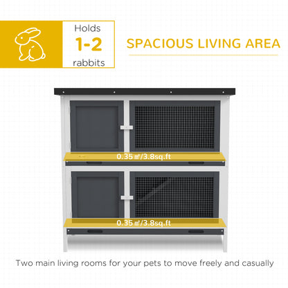 PawHut Double Decker Rabbit Hutch 2 Tier Guinea Pig House Pet Cage Outdoor with Sliding-out Tray, 100x47x91cm, Grey