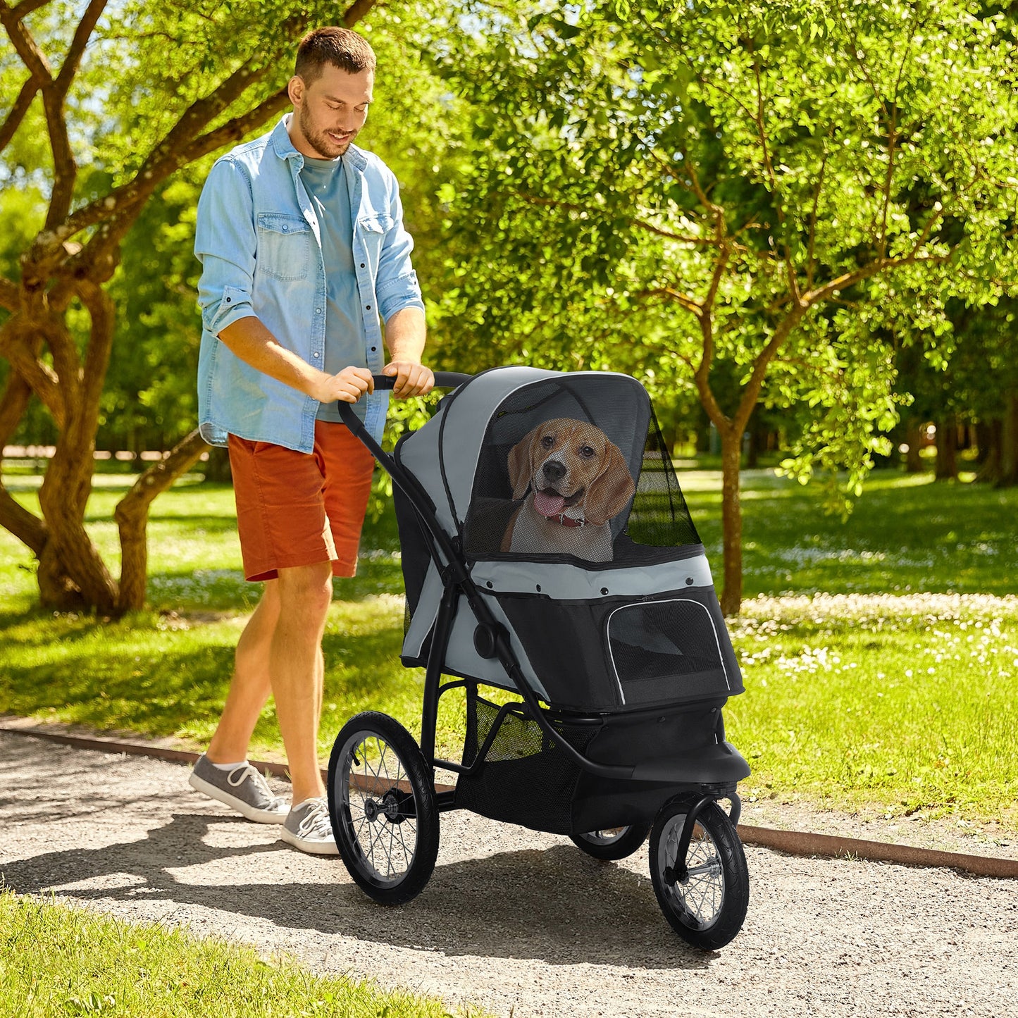 PawHut Pet Stroller Jogger for Medium Small Dogs, Foldable Cat Pram Dog Pushchair with Adjustable Canopy, 3 Big Wheels, Grey