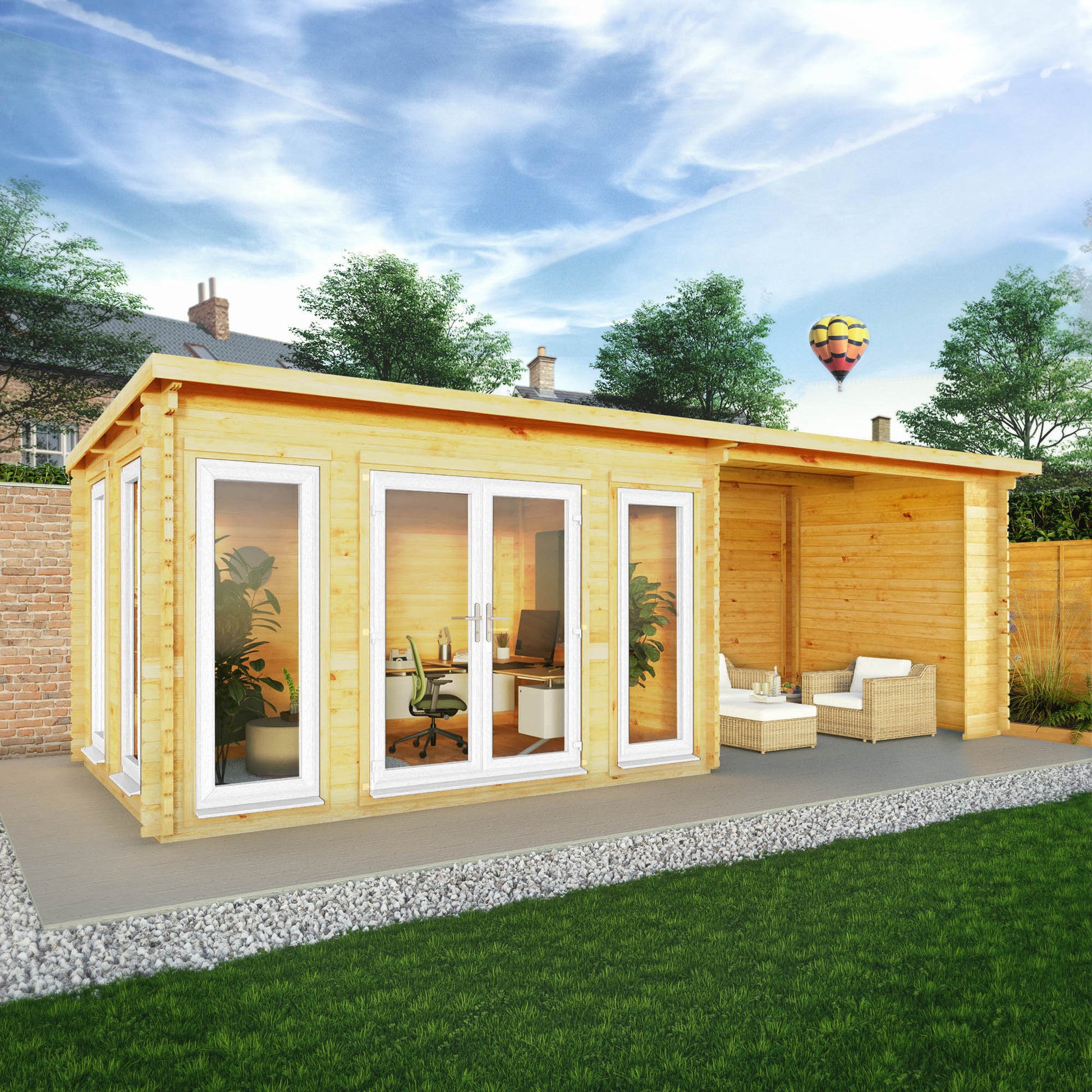 7M X 3M Studio Pent Log Cabin With Patio Area - 44Mm (Upvc Windows & Door) - White