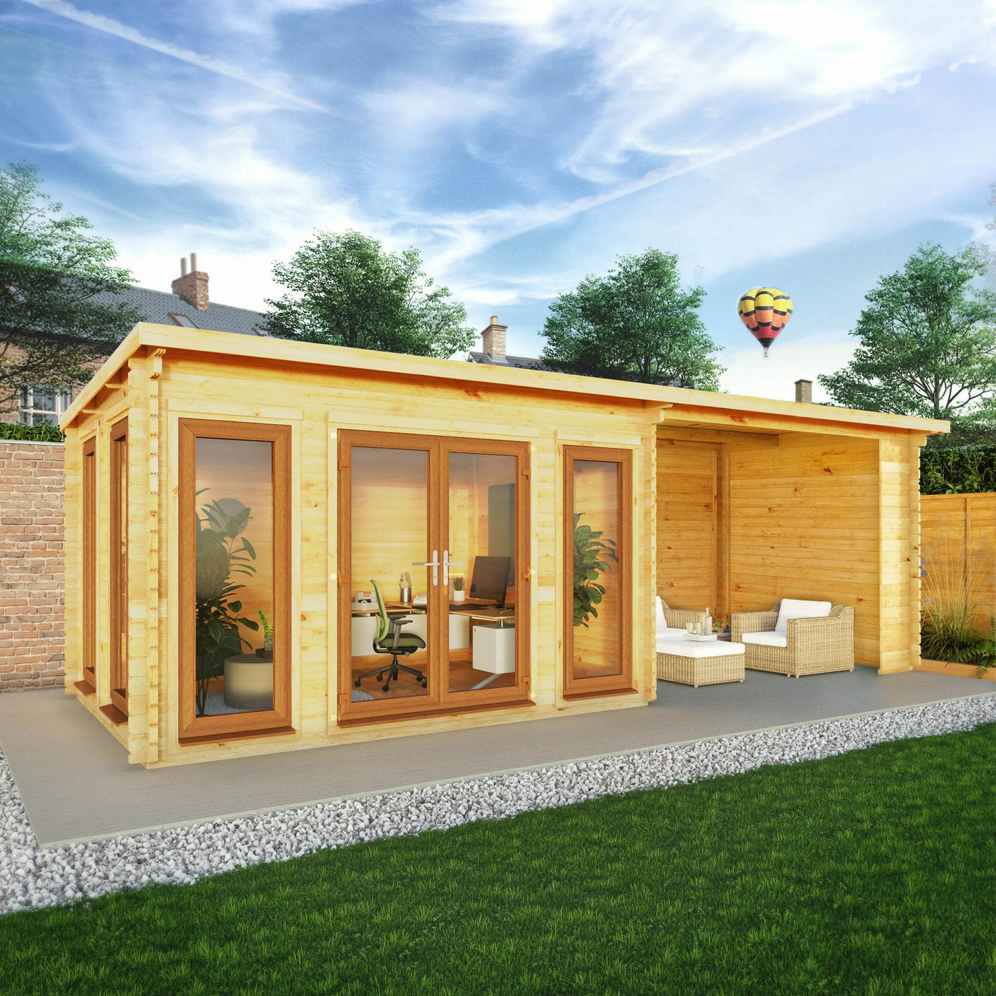 7M X 3M Studio Pent Log Cabin With Patio Area - 44Mm (Upvc Windows & Door) - Oak