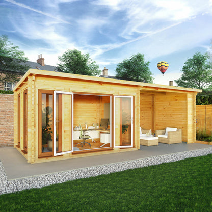 7M X 3M Studio Pent Log Cabin With Patio Area - 44Mm (Upvc Windows & Door) - Oak