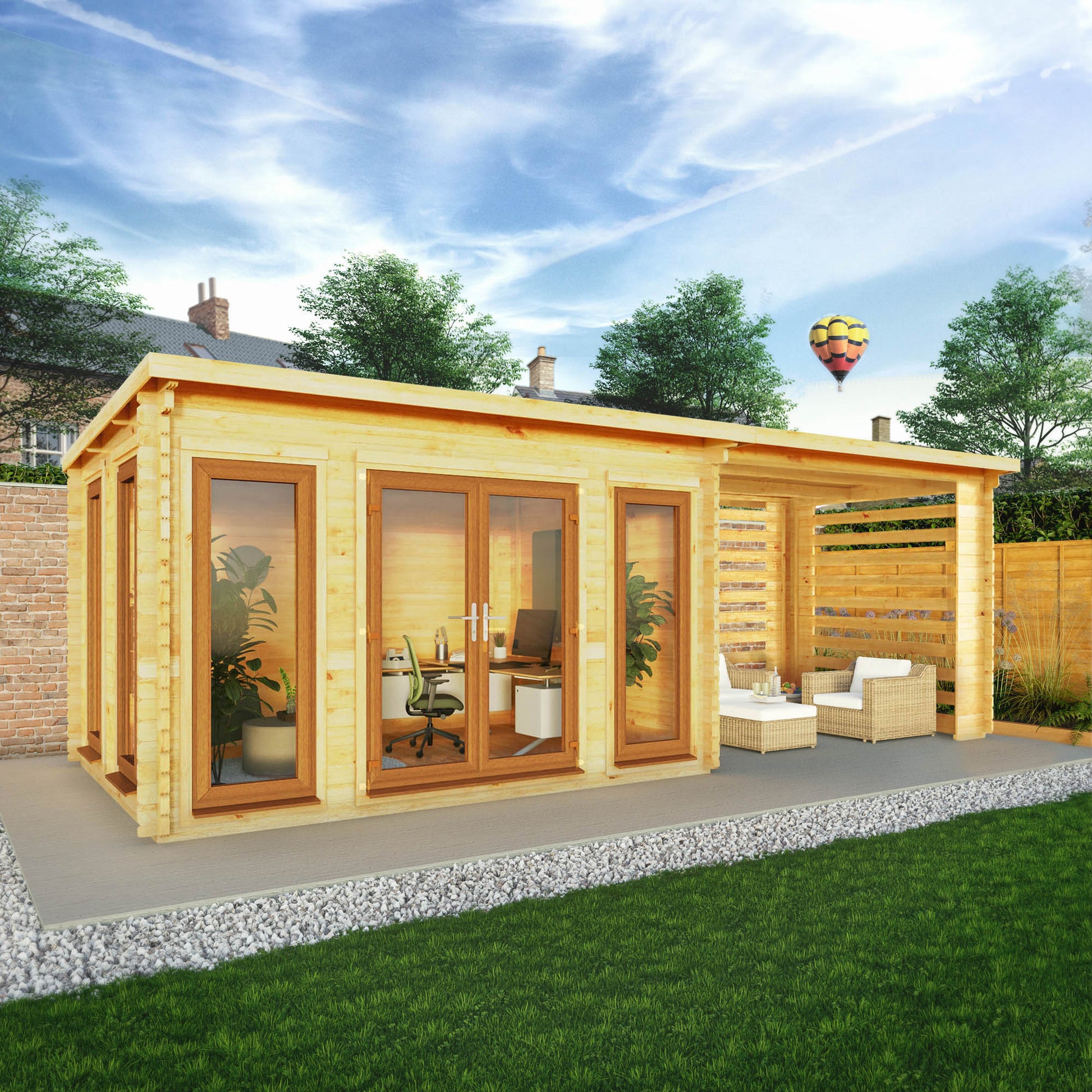 7M X 3M Studio Pent Log Cabin With Slatted Area - 44Mm (Upvc Windows & Door) - Oak