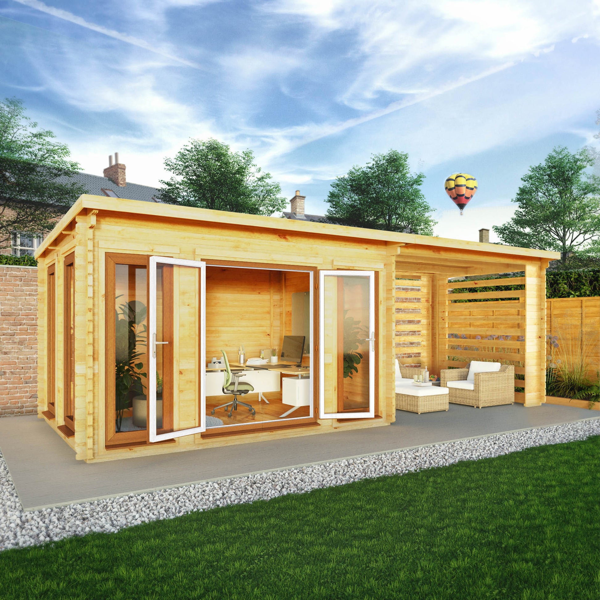 7M X 3M Studio Pent Log Cabin With Slatted Area - 44Mm (Upvc Windows & Door) - Oak