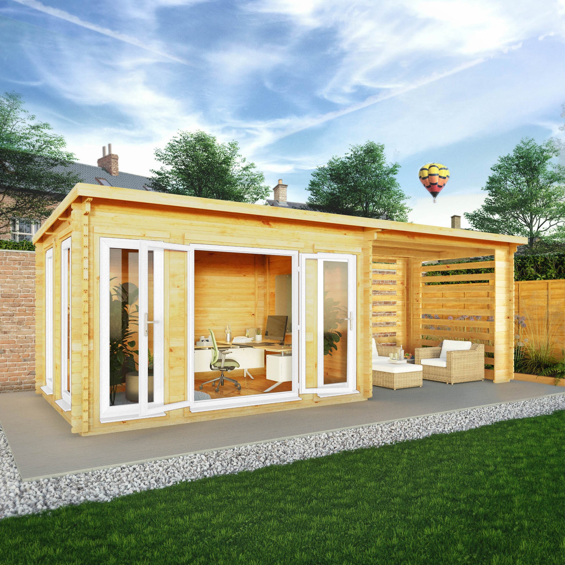 7M X 3M Studio Pent Log Cabin With Slatted Area - 44Mm (Upvc Windows & Door) - White