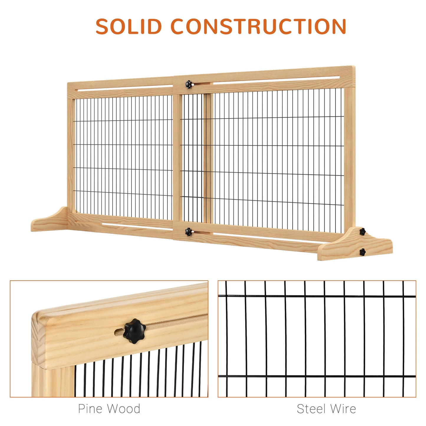 PawHut Adjustable Wooden Pet Gate, Freestanding Dog Barrier Fence with 2 Panels for Doorway, Hallway, 69H x 104-183 cm, Natural