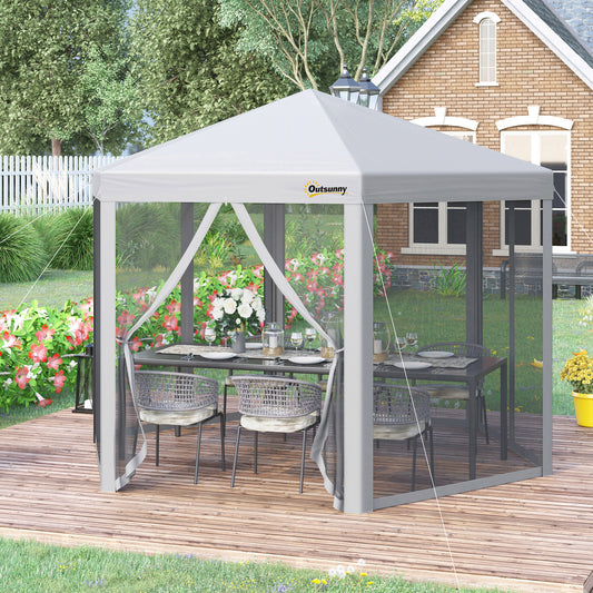 outsunny-3-x-3m-pop-up-gazebo-hexagonal-foldable-canopy-tent-outdoor-event-shelter-with-mesh-sidewall-adjustable-height-and-roller-bag-grey