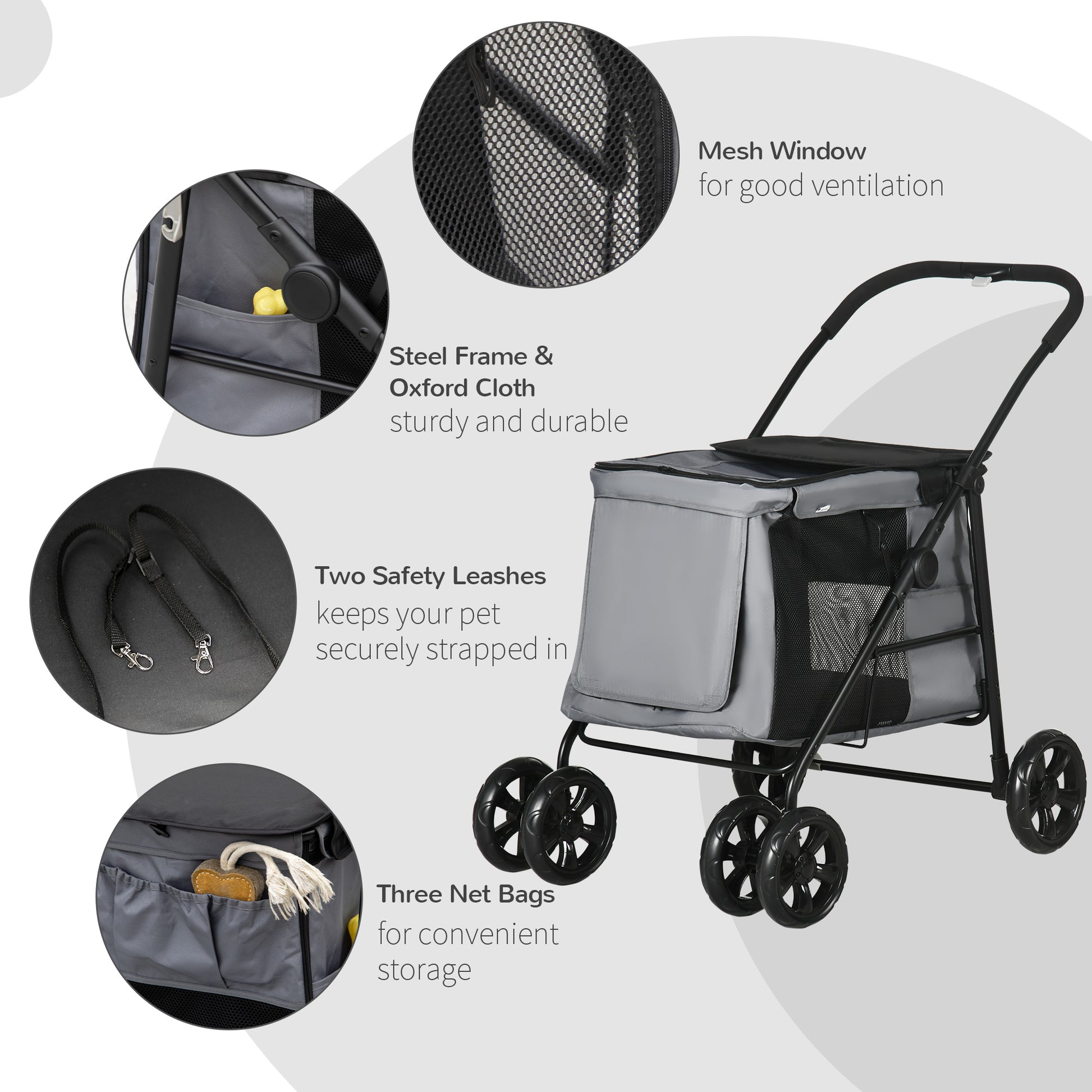 PawHut Foldable Pet Stroller One Click Dog Pushchair Cat Travel Carriage w/ EVA Wheels, Mesh Windows for Small Pets, Grey