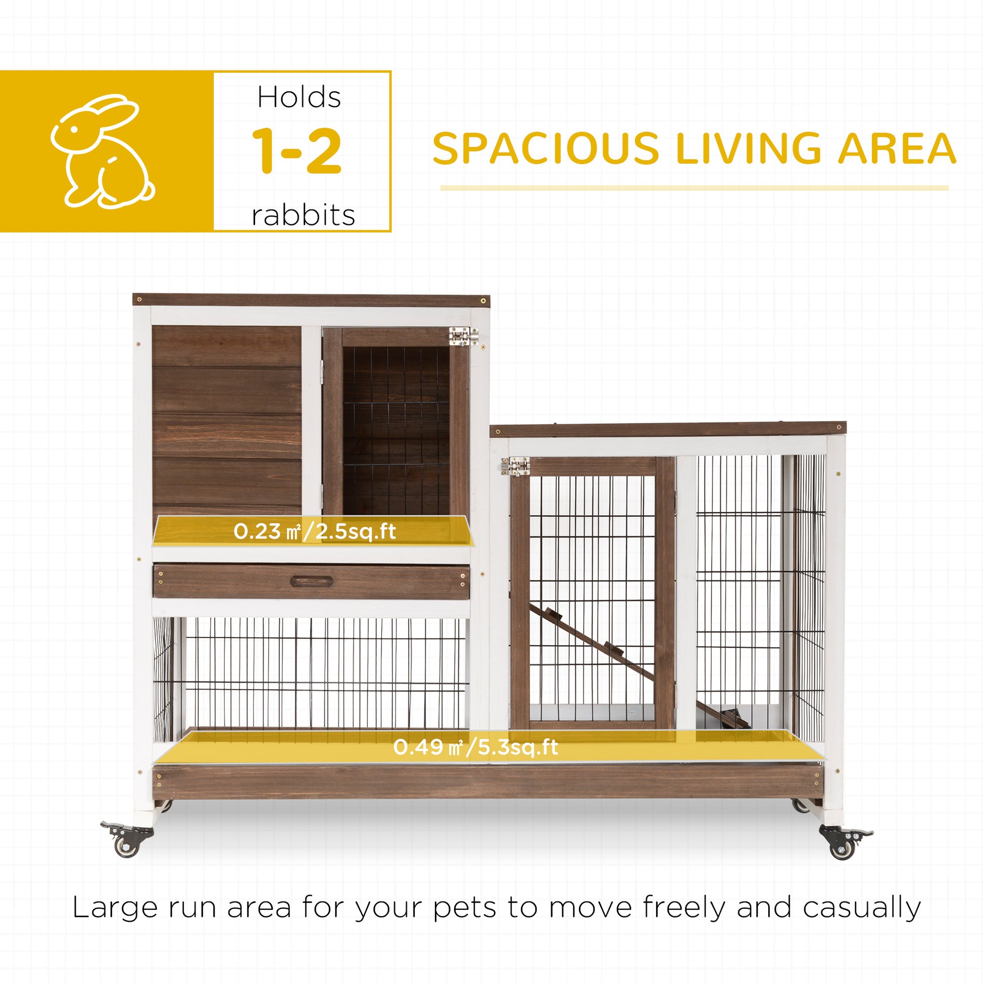 PawHut Wooden Indoor Rabbit Hutch Guinea Pig House Bunny Small Animal Cage W/ Wheels Enclosed Run 110 x 50 x 86 cm, Brown