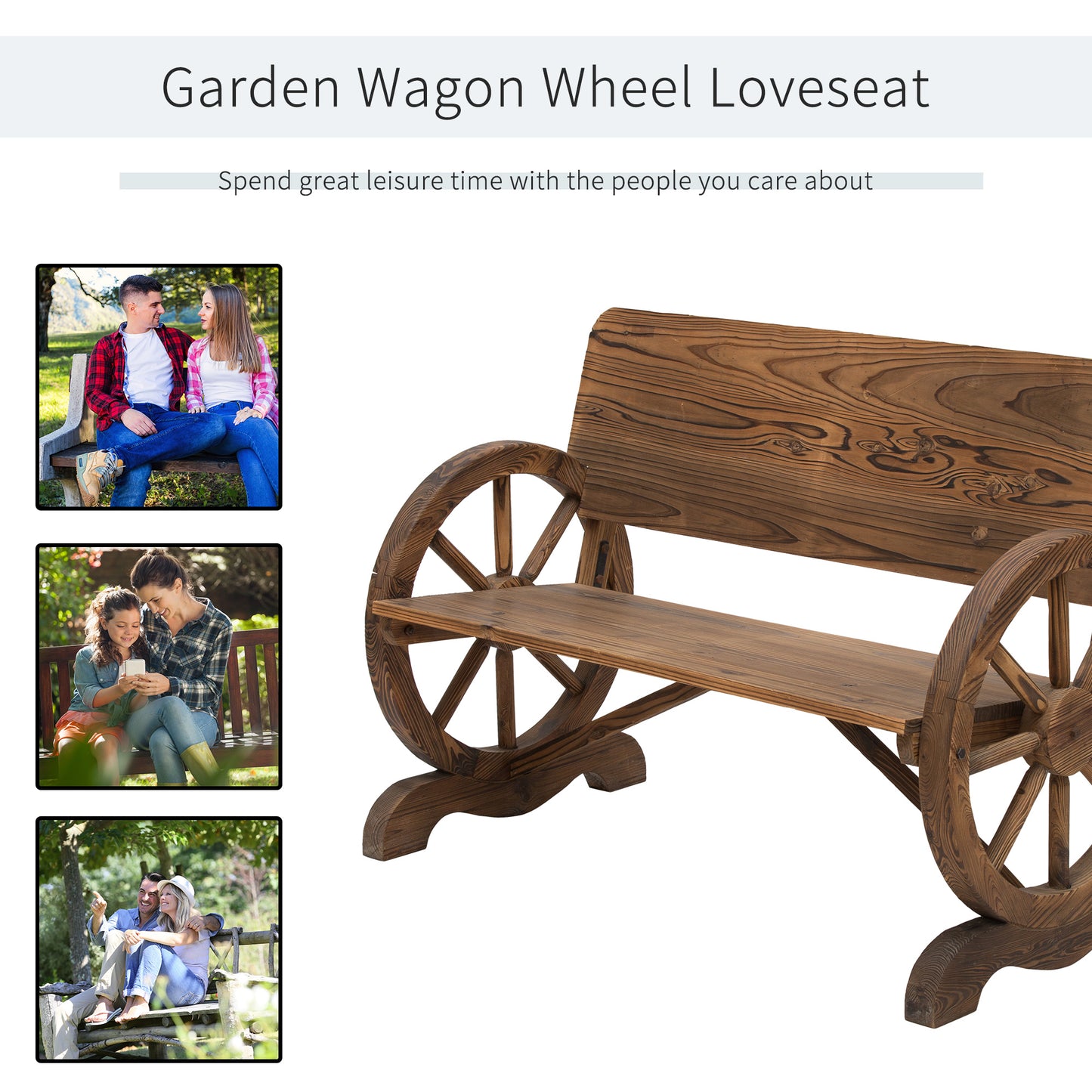 outsunny-wooden-cart-wagon-wheel-2-seater-garden-bench-outdoor-chair-rustic-high-back-loveseat-burnt-stained