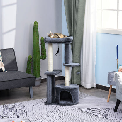 PawHut 100cm Cat Tree for Indoor Cats, Multi-Activity Cat Tower with Perch House Scratching Post Platform Play Ball Rest Relax, Grey and White