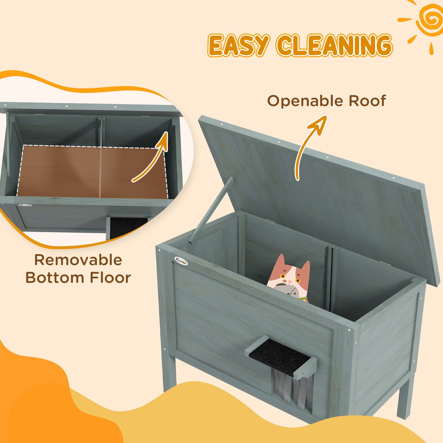 PawHut Feral Cat House Wooden Insulated with Removable Floor, Waterproof Openable Roof - Charcoal Grey