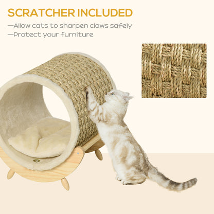 PawHut Elevated Cat House, Kitten Bed, Pet Shelter, Wrapped with Scratcher, Soft Cushion, 41 x 38 x 43 cm, Khaki