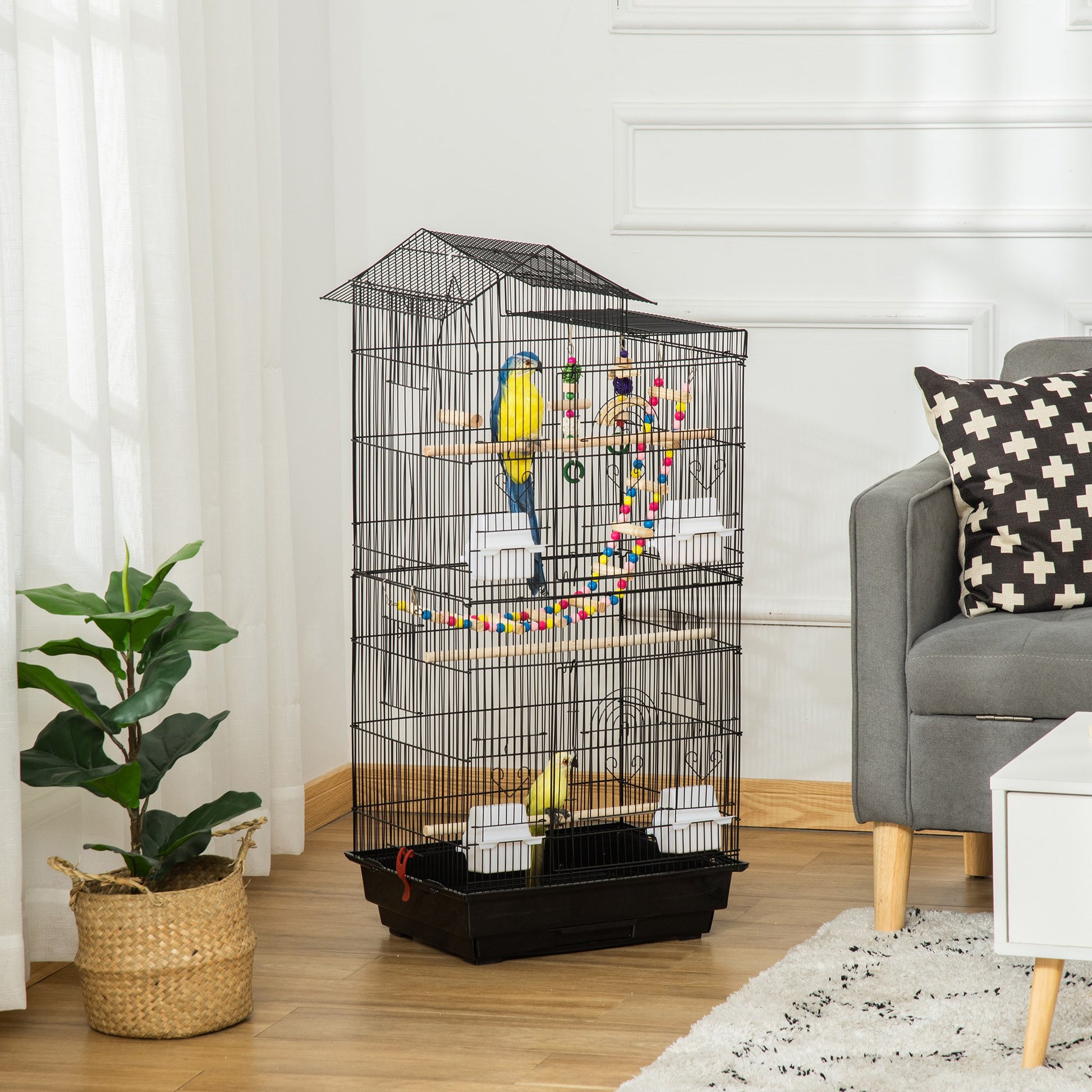 PawHut Bird Cage for Budgies Finches Canaries with Accessories, Toys, Tray, Handle, 46 x 36 x 100 cm, Black