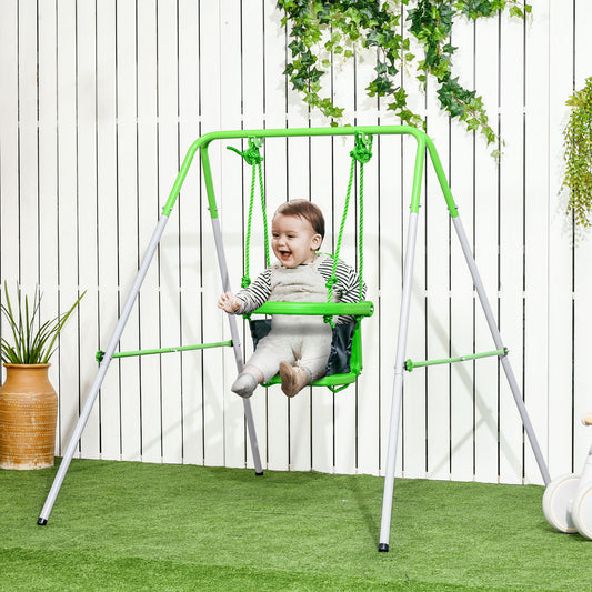 outsunny-steel-nursery-swing-with-safety-seat-belt-support-back-green