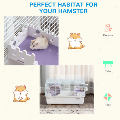 PawHut Two-Tier Hamster Cage Gerbil Haven Multi-Storey Rodent House Small Animal Habitat with Water Bottle, Excise Wheel, Ladder, White