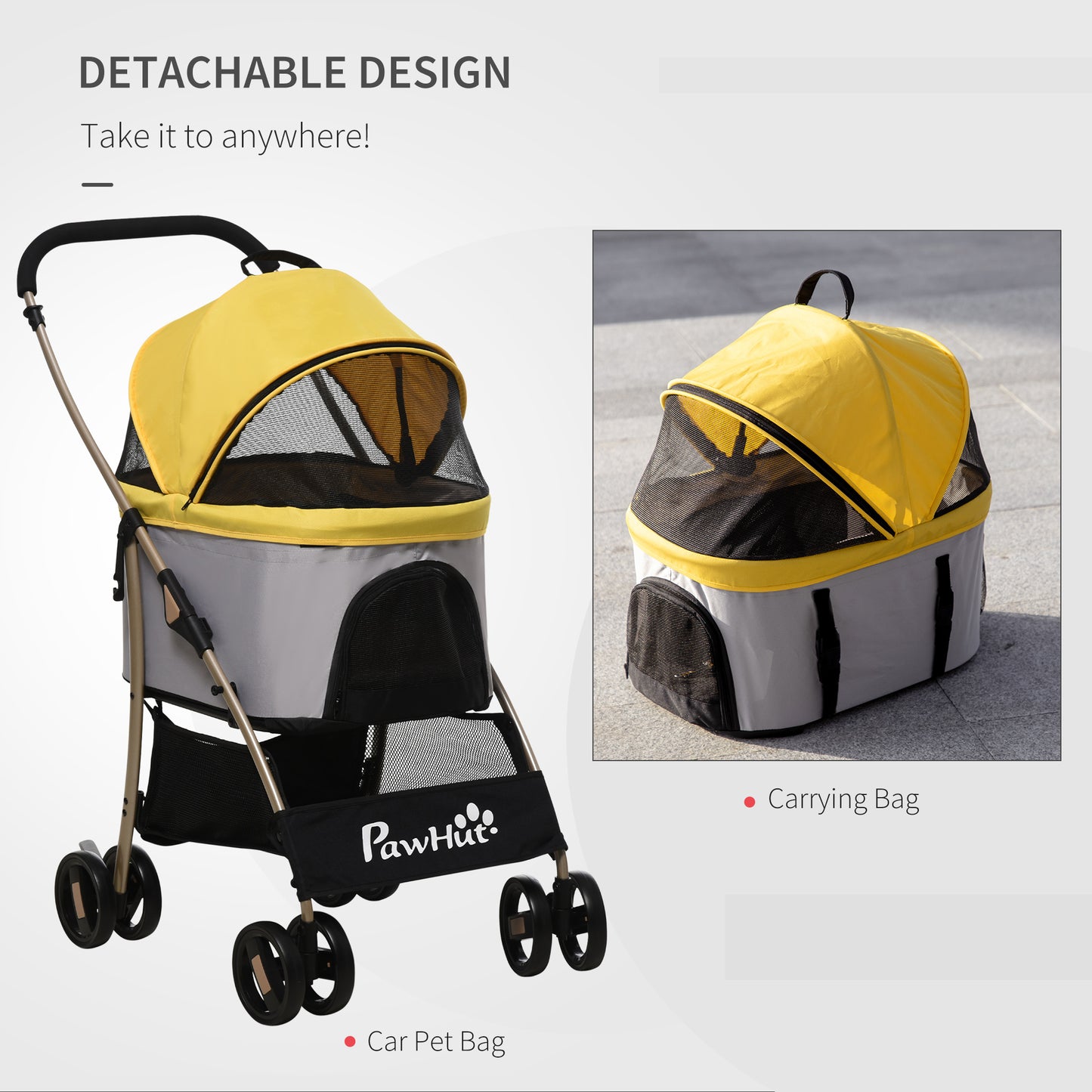 PawHut Detachable Dog Pushchair, 3-In-1 Dog Cat Travel Carriage, Foldable Carrying Bag with Universal Wheel Brake Canopy Basket Storage Bag, Yellow