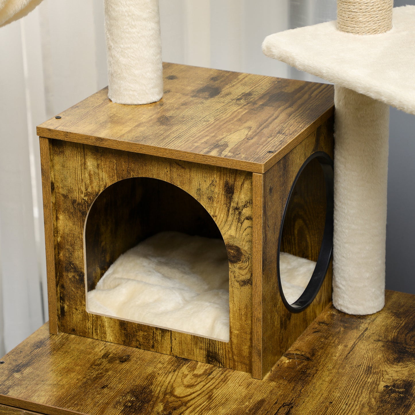 PawHut Cat Litter Box Enclosure, with Tree Tower, Cat House, Hammock, Cushion - Rustic Brown