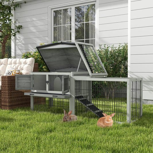 PawHut Wooden Rabbit Hutch with Outdoor Run Grey