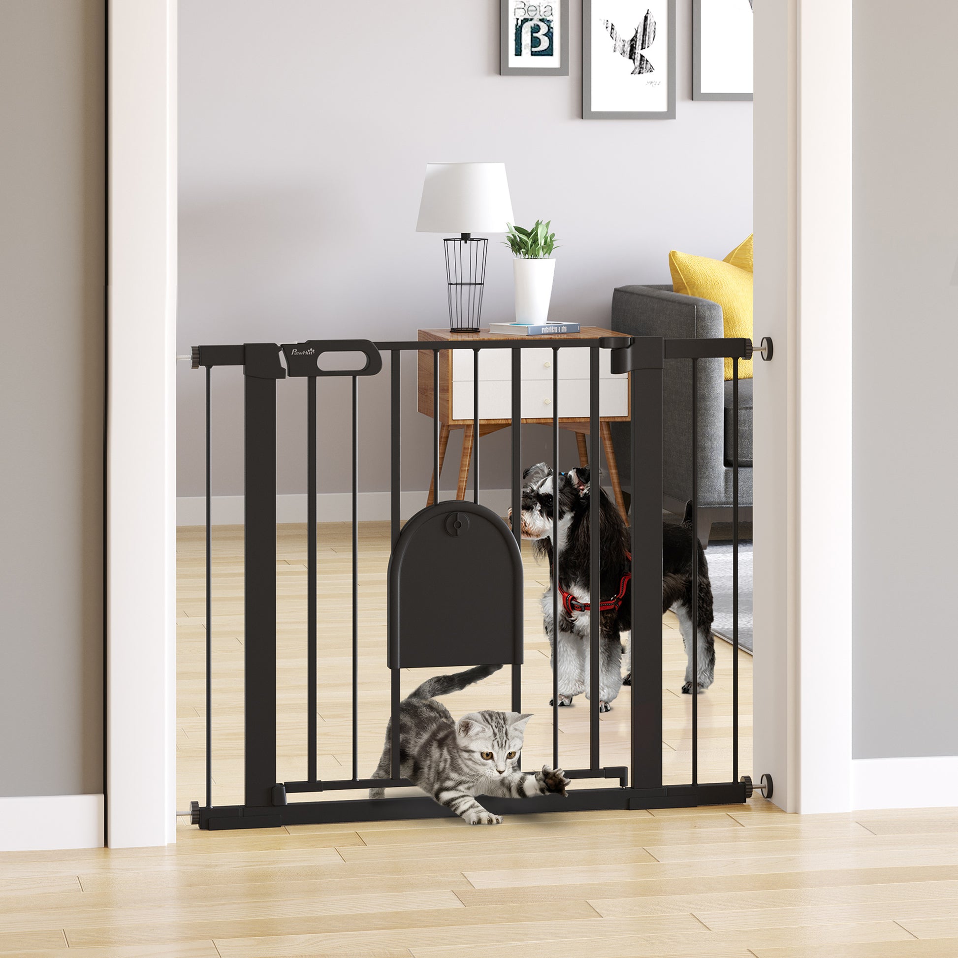 PawHut 75-103 cm Extra Wide Pet Safety Gate Barrier, Stair Pressure Fit, w/ Small Door, Auto Close, Double Locking, for Doorways, Hallways, Black