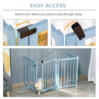 PawHut Pet Gate for Small and Medium Dogs, Freestanding Wooden Foldable Dog Safety Barrier with 4 Panels, 2 Support Feet for Doorways, Stairs, Blue