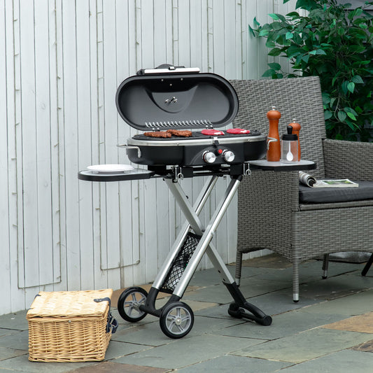 outsunny-foldable-gas-bbq-grill-2-burner-garden-barbecue-trolley-w-lid-side-shelves-storage-pocket-piezo-ignition-thermometer-aluminium-alloy