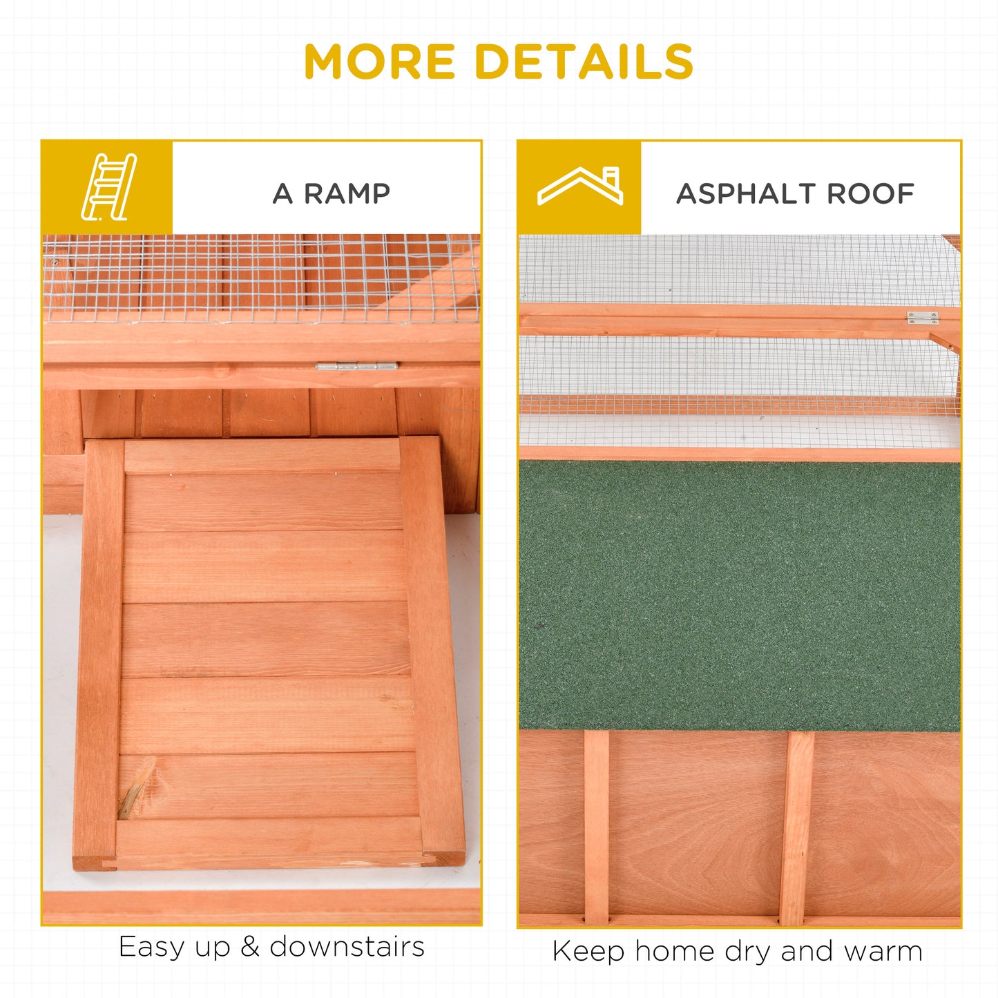 PawHut Rabbit Hutch Small Animal Guinea Pig House Off-ground Ferret Bunny Cage Backyard with Openable Main House & Run Roof 125.5 x 100 x 49cm Orange