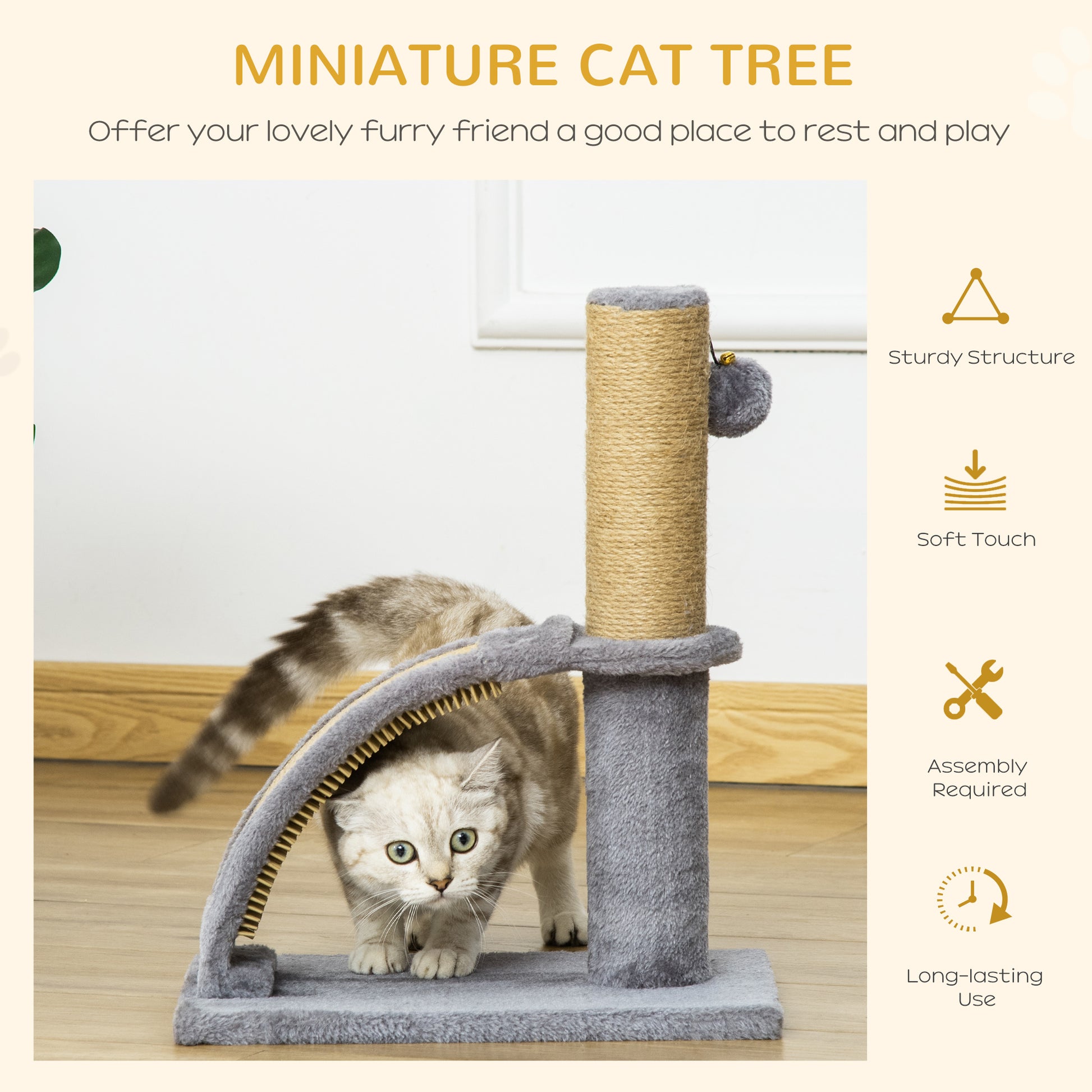 PawHut Cat Tree for Indoor Cat, Climbing Activity Center Kitten Tower Furniture with Jute Post Scratching Massage Board Hanging Ball with Bell, Grey