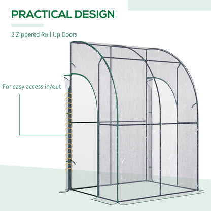 outsunny-walk-in-greenhouse-lean-to-wall-tunnel-greenhouse-with-zippered-roll-up-door-pvc-cover-sloping-top-143-x-118-x-212-cm