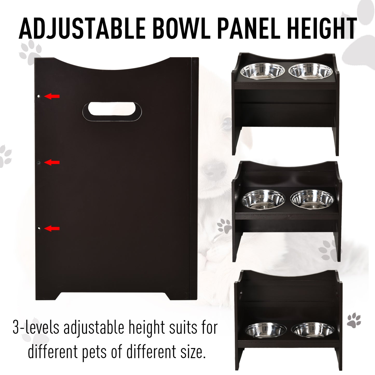 PawHut Elevated Duo Pet Feeder w/ 2 Stainless Steel Bowls MDF Frame Adjustable Shelf Handles Raised Dog Cat Food Drink 47x54cm Brown