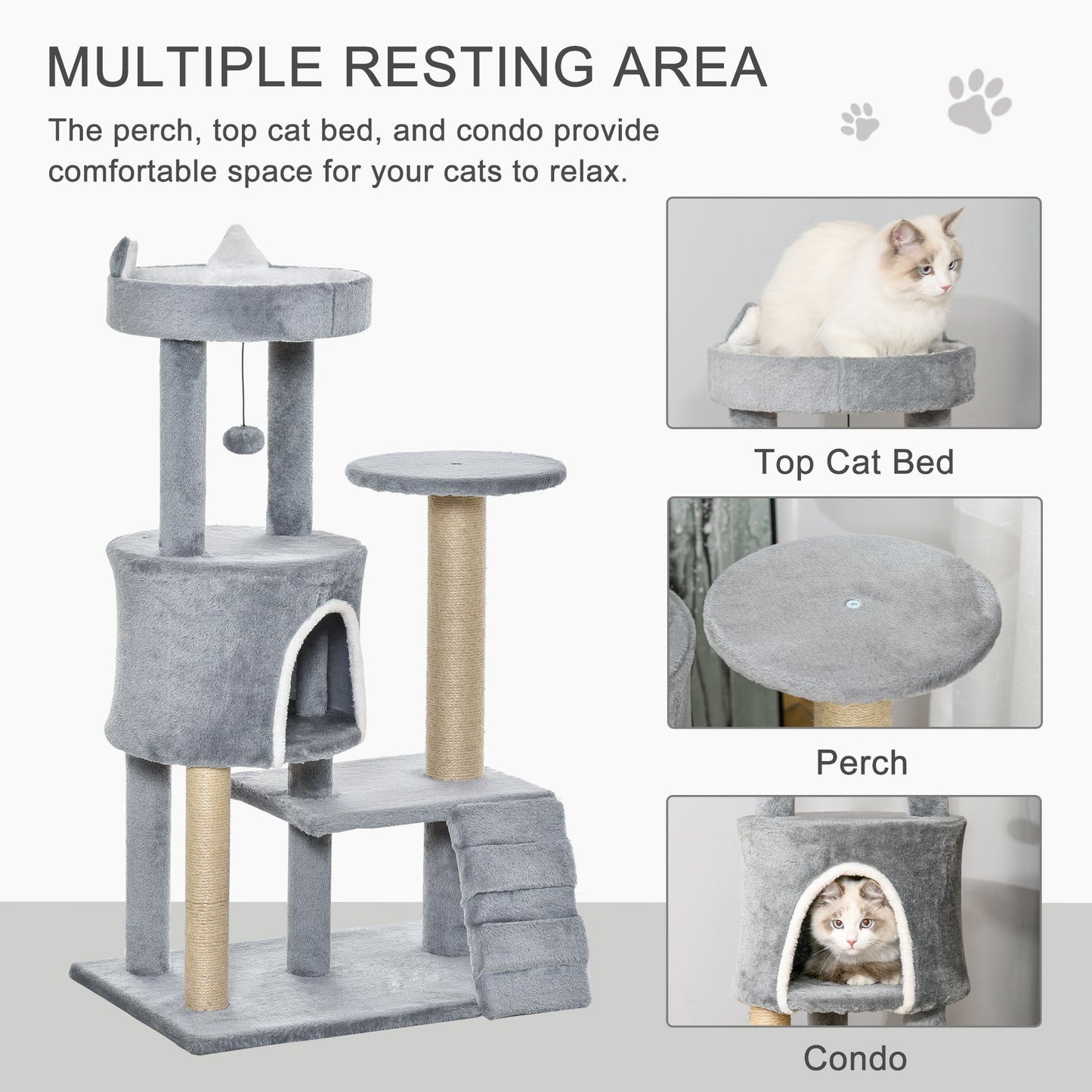 PawHut 100cm Cat Tree Tower Condo Multi Platform Kitty Cat Center with Climbing Ladder Scratching Post Hanging Toy Ball, Light Grey