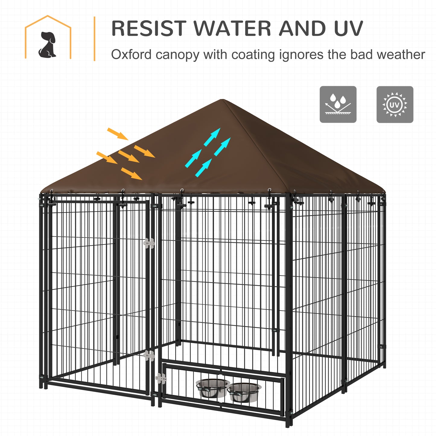 PawHut Outdoor Dog House Kennel with Water-resistant Roof Lockable Mesh Metal Cage Steel Fence, 141 x 141 x 121 cm