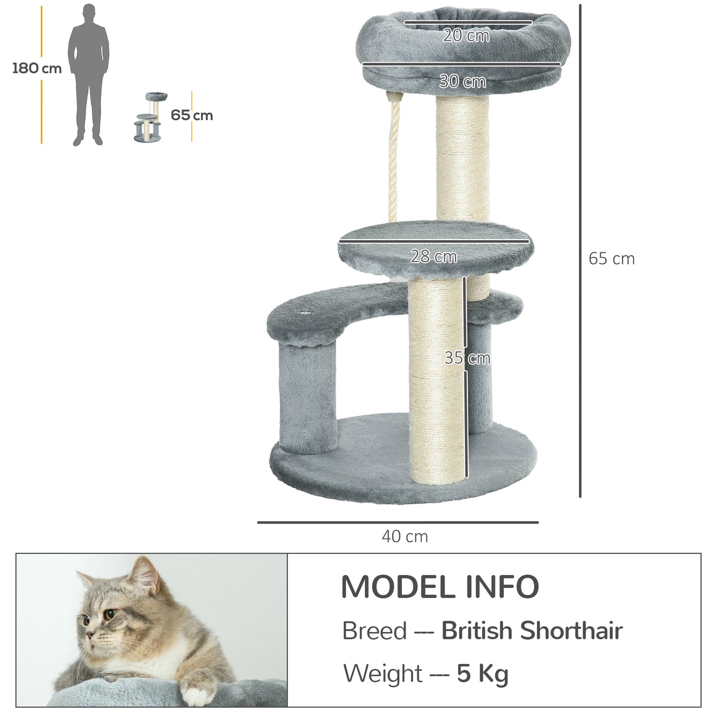 Pawhut 65 cm Cat Tree Kitty Scratcher Kitten Activity Center Scratching Post Playhouse 2 Perch w/Hanging Sisal Rope Grey