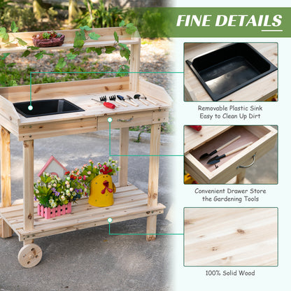 outsunny-garden-potting-bench-table-wooden-work-station-outdoor-planting-workbench-with-2-wheels-sink-drawer-large-storage-spaces-92x45x119cm