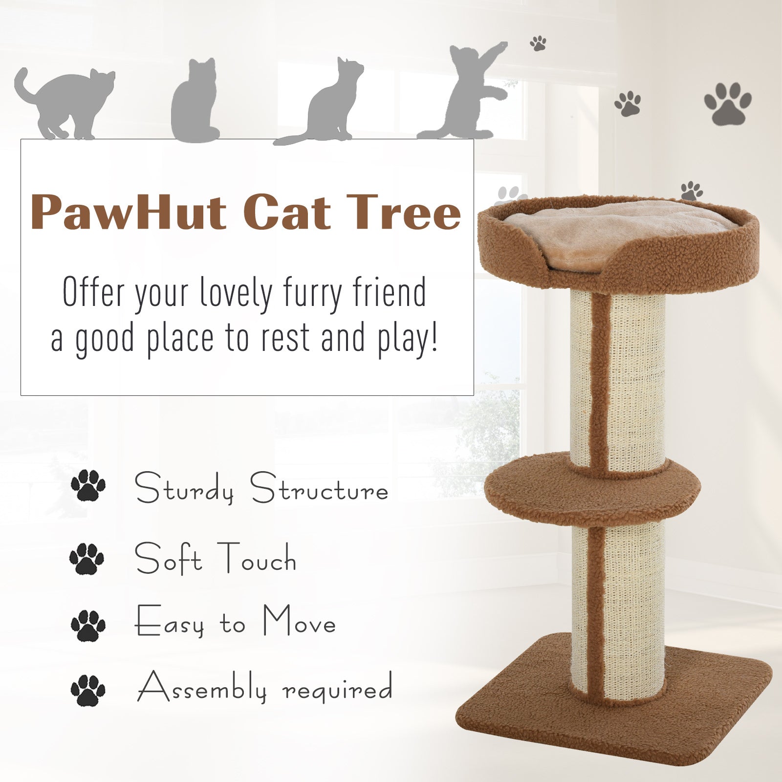 PawHut 91cm Cat Tree Kitten Activity Center Play Tower Perches Sisal Scratching Post Lamb Cashmere Brown