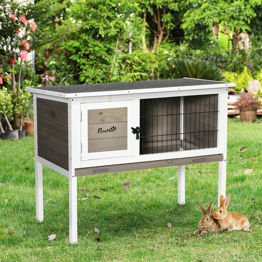 PawHut Elevated Wooden Rabbit Hutch, Indoor/Outdoor Bunny Cage with Hinged Asphalt Roof and Removable Tray for Guinea Pig, Brown