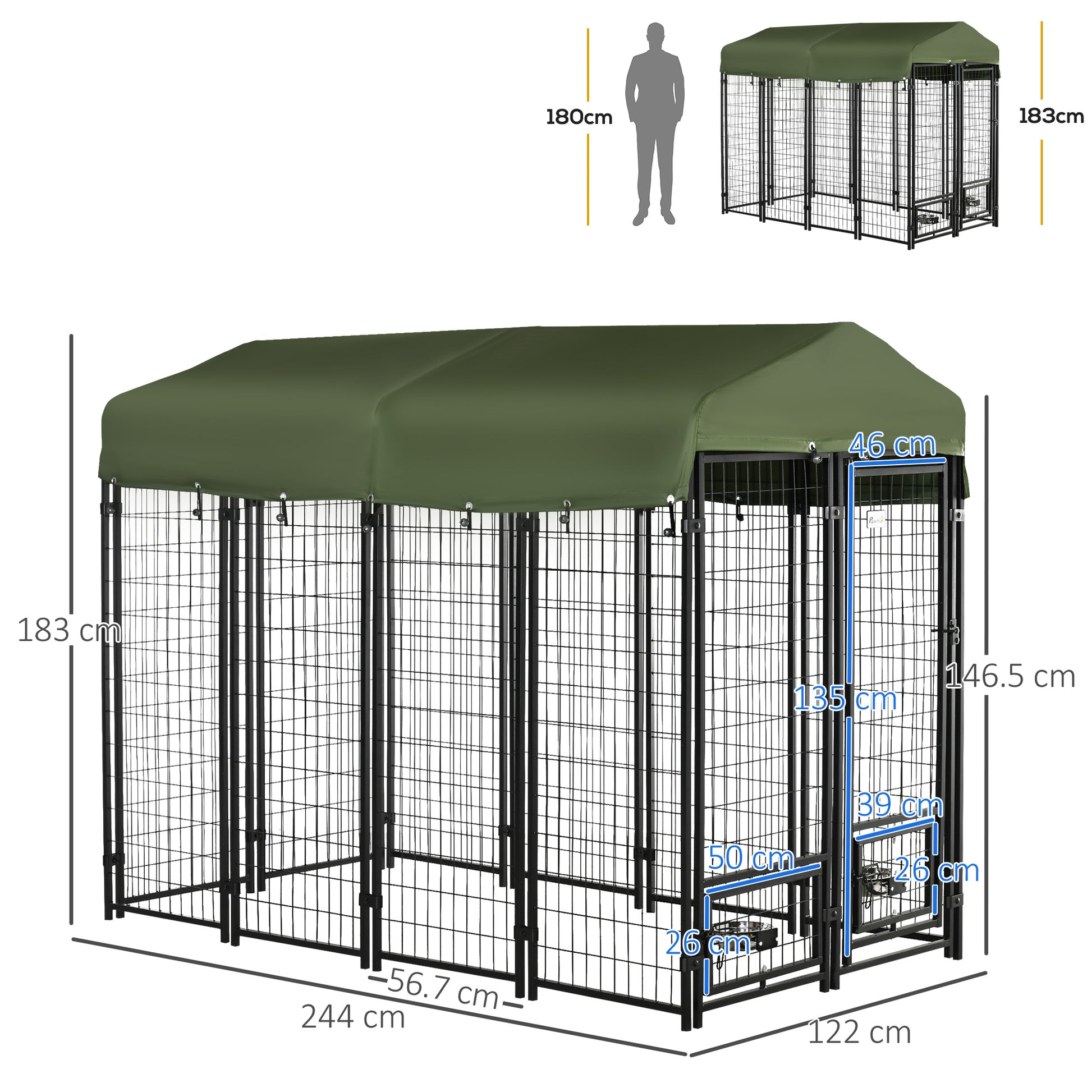 PawHut Outdoor Dog Kennel, Lockable Pet Playpen Crate, Welded Wire Steel Fence, with Water-, UV-Resistant Canopy, Rotating Bowl Holders 8x4x6ft Green