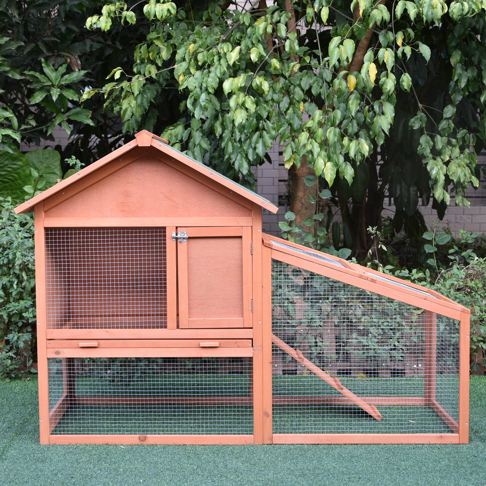 PawHut Small Animal Two-Level Fir Wood Hutch w/ Slide Out Tray Red/Brown